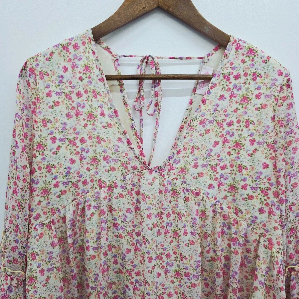 Pink Lily Floral Chiffon Babydoll Long‎ Bell Sleeve V Neck Top Womens L Boho